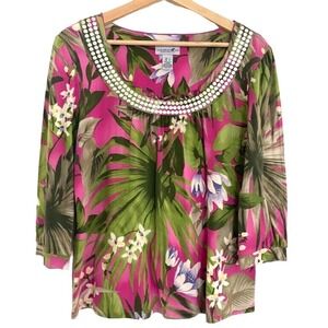 Caribbean Joe Pink Green Tropical Floral Embellished Neck Blouse